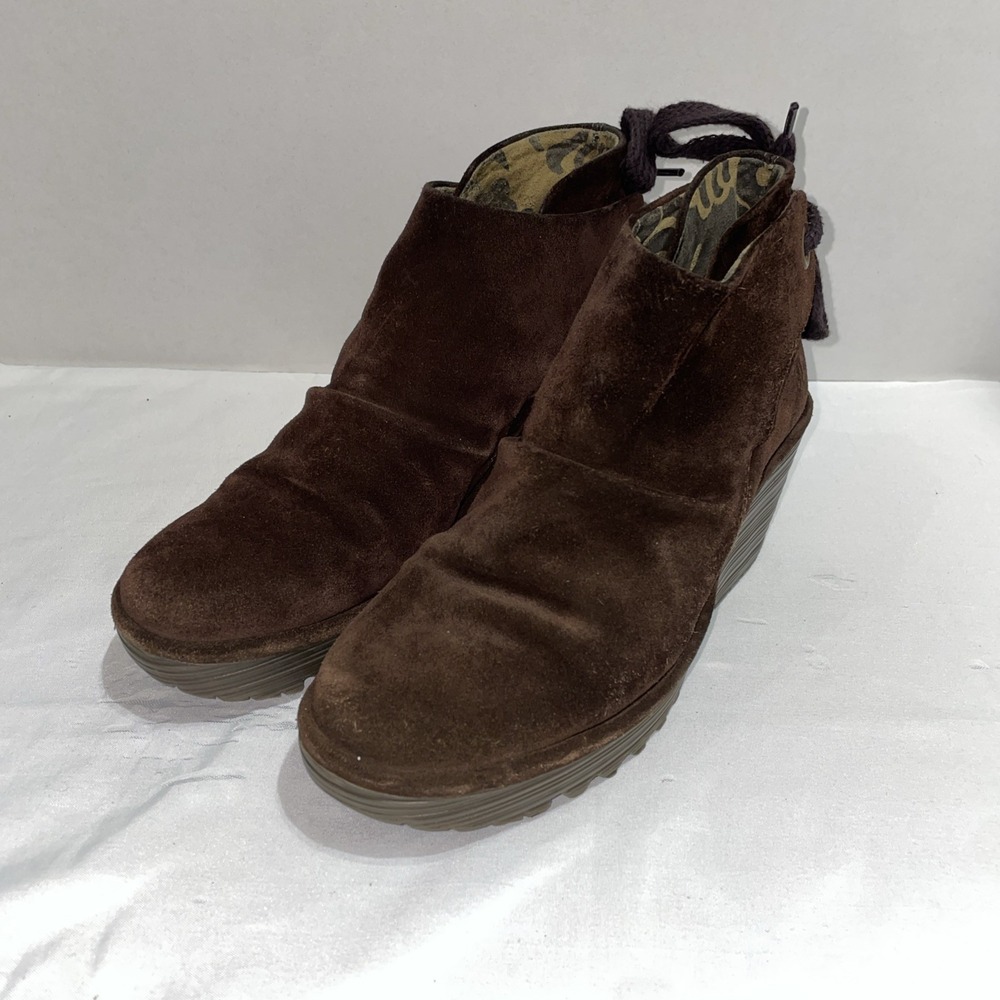 Fly London Brown Suede‎ Wedge Ankle Boots Back Lace Up 500788003 Womens 38